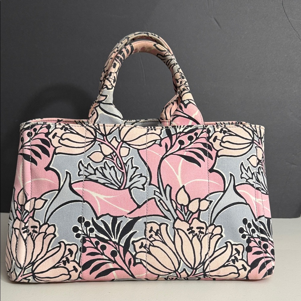 Prada RARE STAMPATA CANAPA ROSA FLORA Pink and Gray Tote w/ Prada strap! - Picture 5 of 17